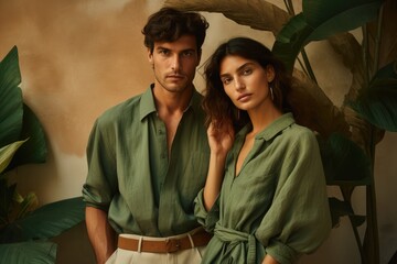 Couple in sustainable fashion, against an earthy tone - Eco-awareness, green fashion trends - AI Generated - obrazy, fototapety, plakaty