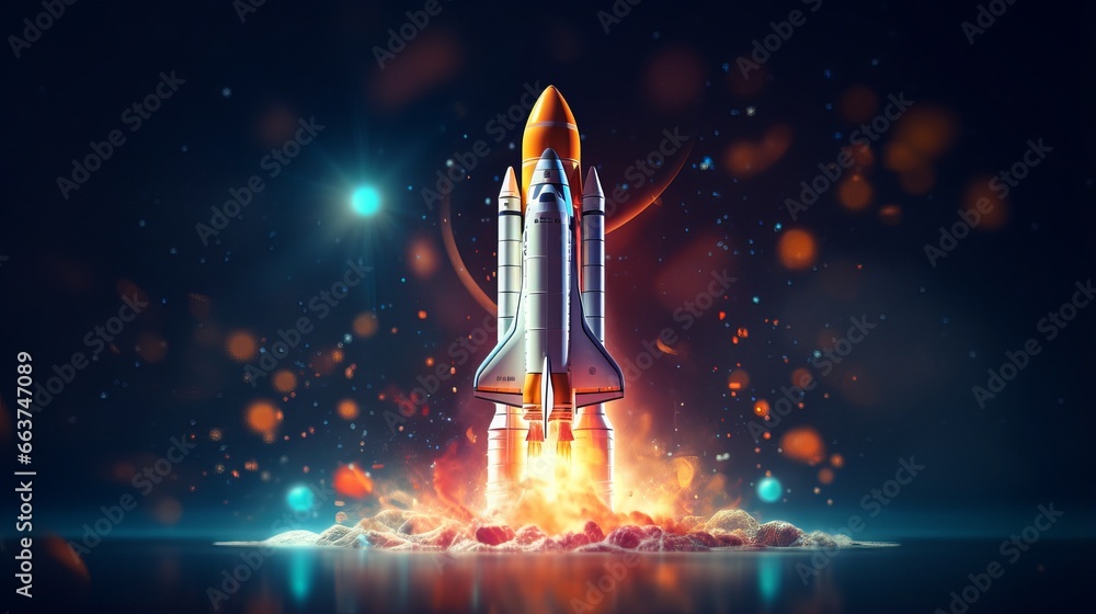 Poster dynamic digital spaceship soaring into the cosmos: abstract rocket launch for business development a