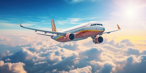 Obraz premium Airplane flying above amazing clouds in clear blue sky with rainbow and sun rays. Concept of traveling, vacation and travel by air transport. Beautiful sky background.