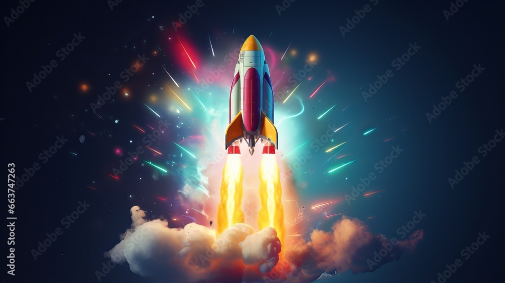 Poster dynamic digital spaceship soaring into the cosmos: abstract rocket launch for business development a