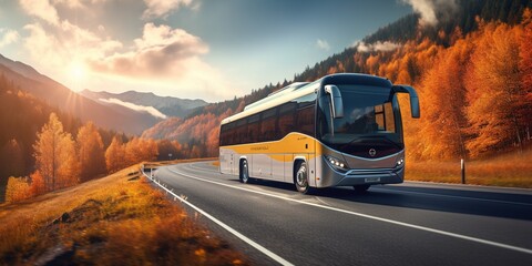 An intercity large and spacious bus travels along the highway. - obrazy, fototapety, plakaty