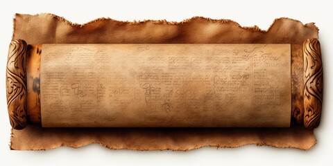 An old parchment sheet with a wooden roll as a mockup template on alpha transparent background