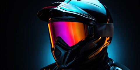 Biker in a neon bright helmet on a dark background. Banner, copy space.