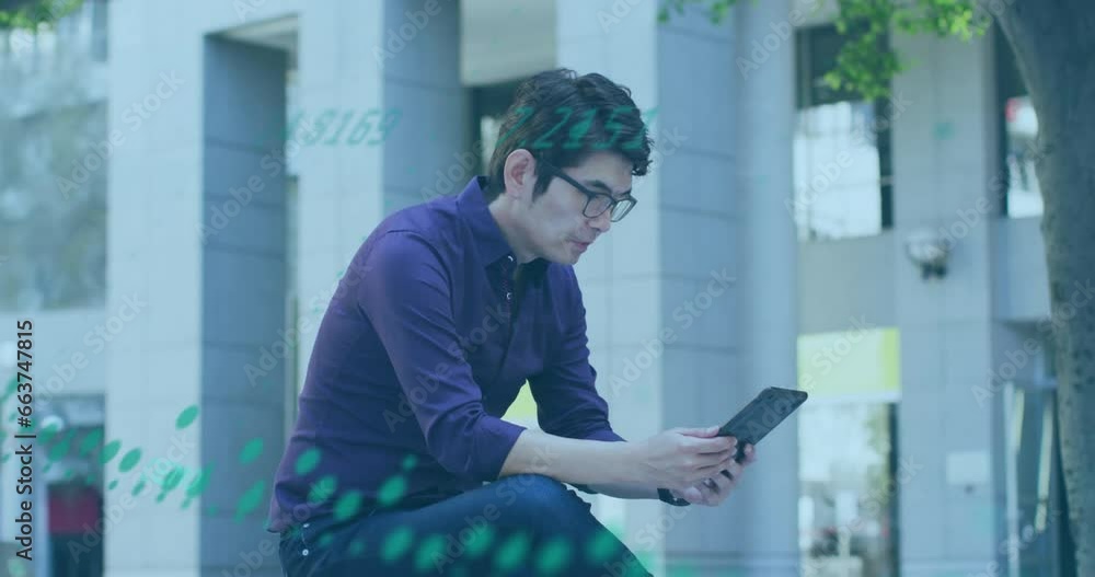Poster animation of graphs and changing numbers over asian man using digital tablet in outdoors