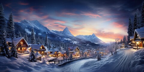 Christmas holiday landscape. Cute houses beautifully decorated with Christmas garlands in a snow - covered Alpine ski resort with evening star sky and snow. - obrazy, fototapety, plakaty