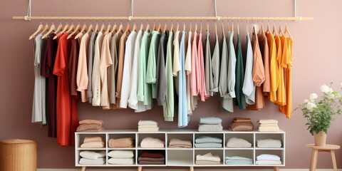 Clothes of different colors on a hanger, open closet with colorful things in pastel colors, home wardrobe.