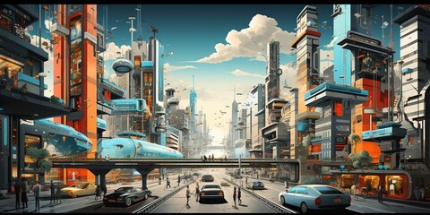 Create an illustration of a future city with multi - story skyscrapers and magnetic cars