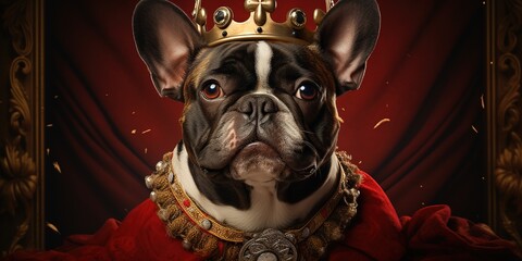 Cute dog in a crown and in royal clothes on a red background