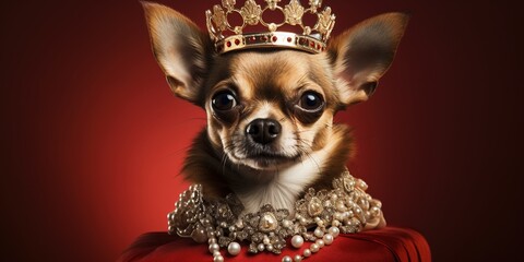 Cute dog in a crown and in royal clothes on a red background