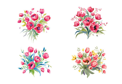 Watercolor wild flowers bouquets set, isolated. Abstract spring wild flowers, grass, leaf branch, floral leaves in minimal style.