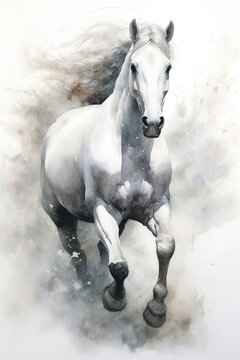 Gorgeous white horse galloping through the smoke, stunning illustration	
