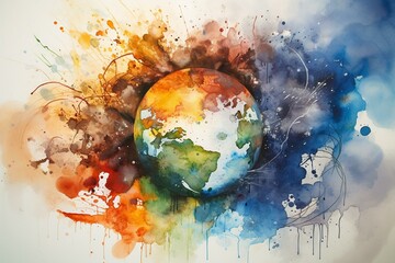 artistic portrayal of Earth's elements using watercolour technique. Generative AI
