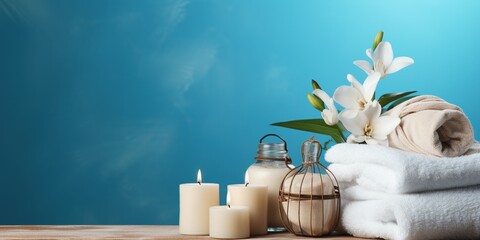 Eco friendly spa relax composition with mockup of natural beauty products, candle and spa accessories on blue background with white flowers. Wellness and skin care treatment. - obrazy, fototapety, plakaty