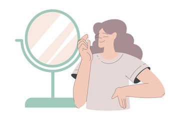 Beauty Care with Young Woman Apply Cream at Mirror Grooming Vector Illustration