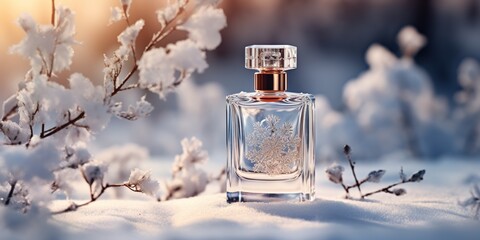Empty perfume bottle mockup against snow and winter background for cosmetic branding.
