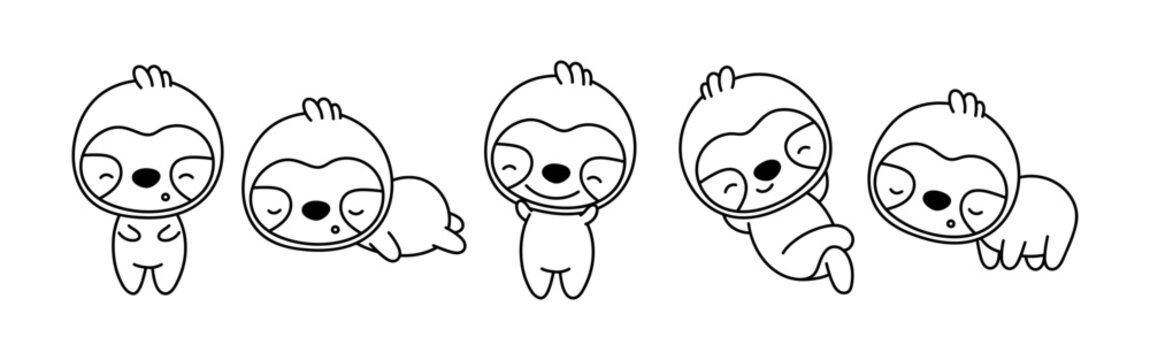 Set of Cartoon Isolated Sloth Coloring Page. Cute Vector Kawaii Animals Outline.