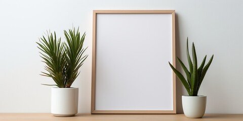 Empty square frame mockup in modern minimalist interior with potted houseplants on white wall background