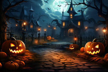 Bright Halloween background with a ghost mansion and lighted pumpkins lanterns