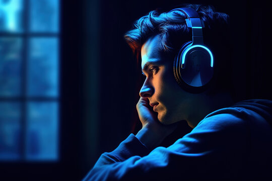 A sad man listening music, side view, photorealistic illustration