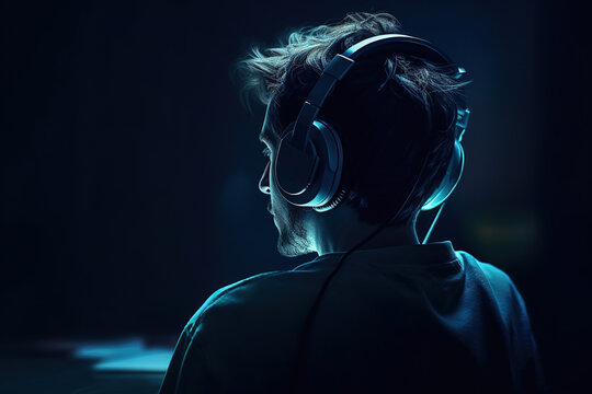 A man listening music, rear view, photorealistic illustration