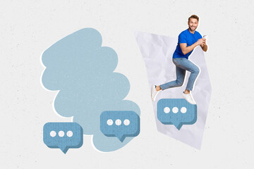 Creative collage of mini guy run jump climb dialogue bubble stairs use smart phone chatting...