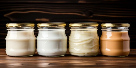Fototapeta na wymiar Four jars of different types of cream on a wooden shelf.