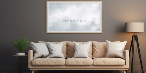 Frame mockup in living room. Wall art framed canvas poster mockup.