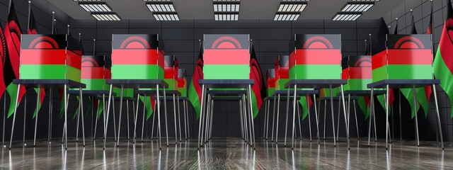 Malawi - voting booths and national flags in polling station - election concept - 3D illustration