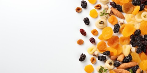 Food banner with dried apricots, cranberries, raisins, and prunes on plates on a white background with copy space. Healthy snack - mix of organic dry fruits. - obrazy, fototapety, plakaty