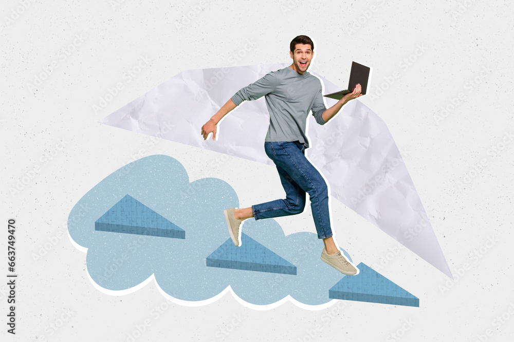 Poster composite creative artwork photo collage of good mood guy hold laptop running enjoy fast internet sp