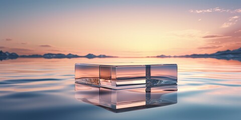 Glass podium on crystal water surface on tender sunset sky background. Show case for natural cosmetic products. - obrazy, fototapety, plakaty