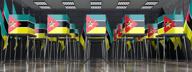 Mozambique - voting booths and national flags in polling station - election concept - 3D illustration