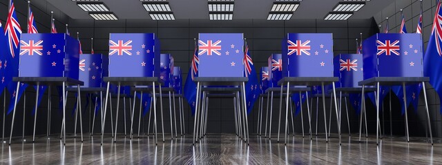 New Zealand - voting booths and national flags in polling station - election concept - 3D illustration