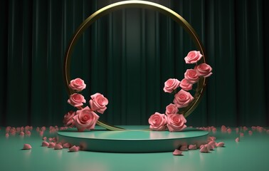 Abstract minimal scene with geometric shapes and beautiful flower decoration. product presentation, mockup, cosmetic product display, podium, stage or platform.