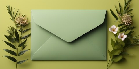 Green envelope and blank letter on green background. Template with place for text on postcard. mock - up