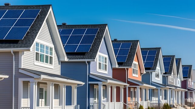 Solar panels on residential housing rooftops. generative ai