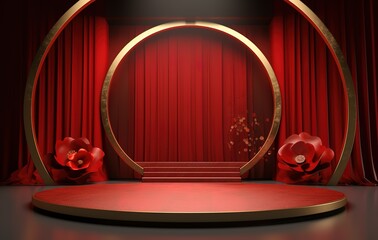 Abstract minimal scene with geometric shapes and red floral decoration. product presentation, mockup, cosmetic product display, podium, stage or platform.