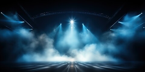 Illuminated stage with scenic lights and smoke. Blue vector spotlight with smoke volume light effect on black background. Stadium cloudiness projector