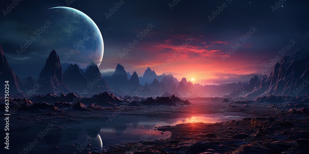 Wall mural landscape of an alien planet, view of another planet surface, science fiction background.