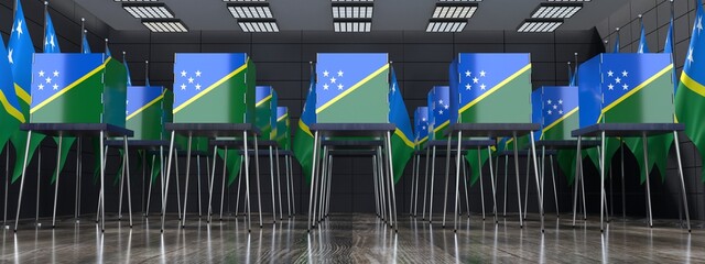 Solomon Islands - voting booths and national flags in polling station - election concept - 3D illustration