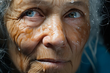 Woman with wrinkles and blue eyes looks at the camera. - obrazy, fototapety, plakaty