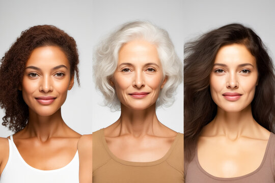 Three different pictures of woman with white hair and brown tank top.