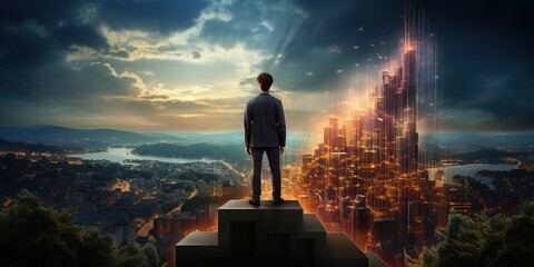 Man standing on stairs looking at growing graphs in city sky