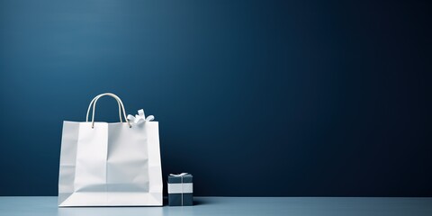 Minimalistic banner with White paper gift bag on a deep blue background with copy space. Concept of sale and shopping. - obrazy, fototapety, plakaty