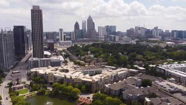 Drone shot of Midtown and Atlantic Station in Atlanta Georgia.