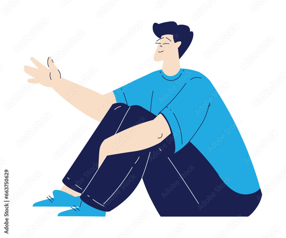 Poster man character sitting on floor with bended knees and gesture vector illustration