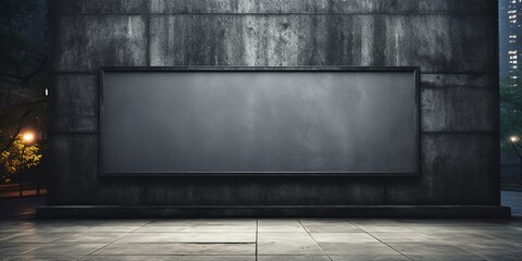Mockup of blank black signboard on concrete wall in city.