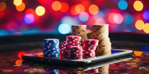 Online casino banner. Smartphone with playing chips on table on blurred neon background with bokeh effect. Internet gambling concept.
