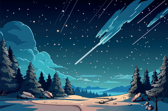 Background winter night in the flat cartoon design. Against the backdrop of a snowy landscape, this image brings to life serene atmosphere of a winter night, filled with magic. Vector illustration.