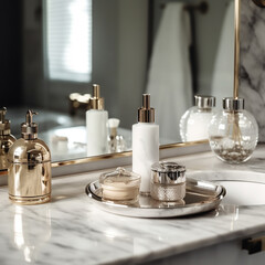 Still life of products and soap in a luxury bathroom or spa, white and cream colors - 663751295